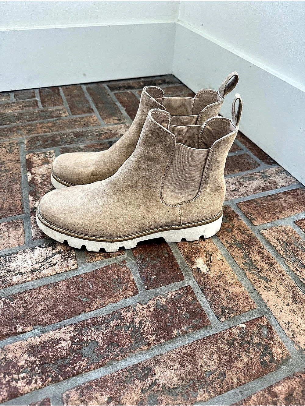 Chinese Laundry Suede Lug Sole Ankle Boots in Beige